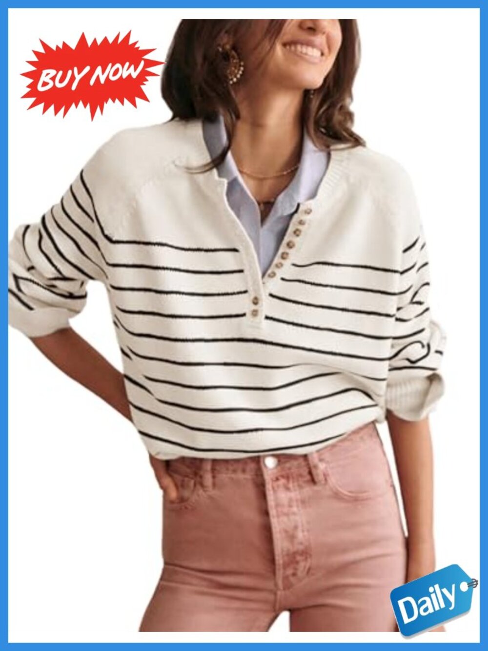 Women's Color Block Striped Button Up Crewneck Knit Sweater